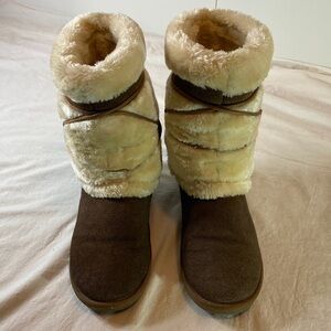 Plush Faux Fur Winter Boots in Brown and Cream